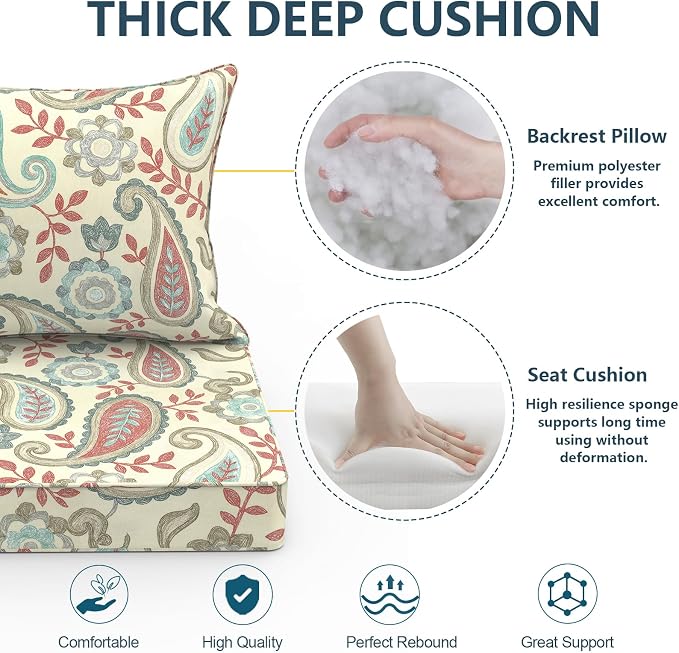 DYTXIII Outdoor Deep Seat Cushion Set, Water Repellent 22"x22" Patio Thick Cushions Replacement with Seat & Back Pillow for Patio Sofa, Wicker Chair, Couch - Paisley Vintage