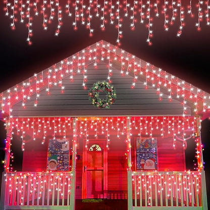 QITONG Red and White Icicle Lights for Outside, 33ft 400 LED String Light with 8 Modes, Clear Wire Connectable Icicle Christmas Lights Indoor Plug in