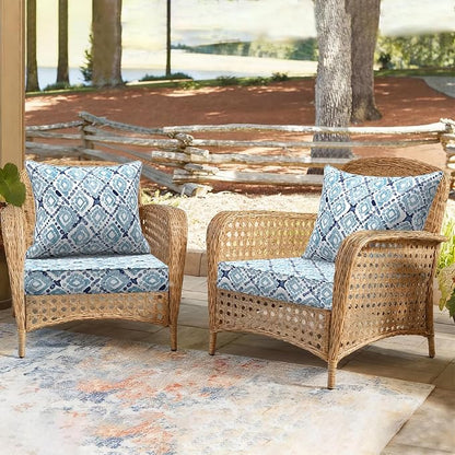 DYTXIII Outdoor Deep Seat Cushion Set, Water Repellent 24"x24" Patio Thick Cushions Replacement with Seat & Back Pillow for Patio Sofa, Wicker Chair, Couch - Boho Geometry Blue