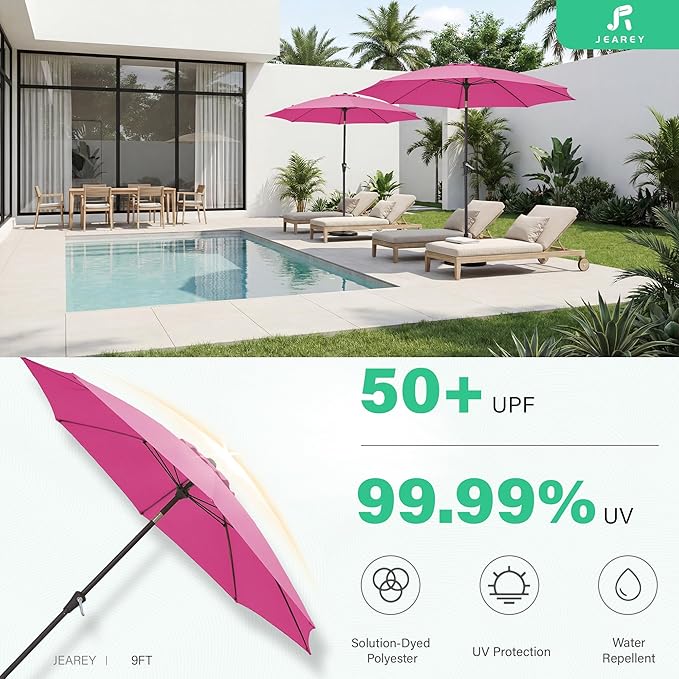 JEAREY 9FT Outdoor Patio Umbrella,Market Table Umbrella with 8 Fiberglass Ribs, Pool Umbrella with Tilt and Crank, UV Protection Lightweight & Wind-Resistant for Lawn, Garden, Deck and Backyard, Rose Pink