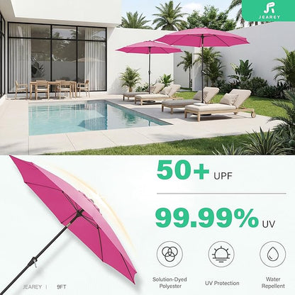 JEAREY 9FT Outdoor Patio Umbrella,Market Table Umbrella with 8 Fiberglass Ribs, Pool Umbrella with Tilt and Crank, UV Protection Lightweight & Wind-Resistant for Lawn, Garden, Deck and Backyard, Rose Pink