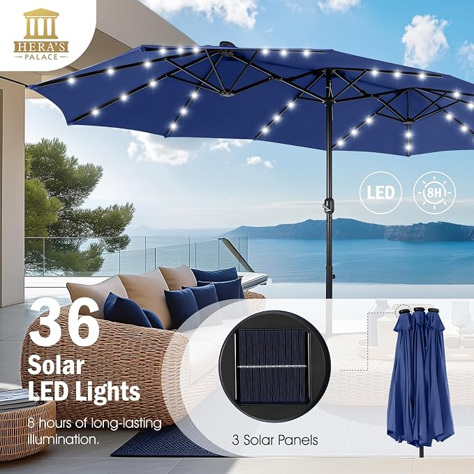 15ft Patio Umbrella with Solar lights & Base, Large Umbrellas, Haze Blue | HERA'S PALACE Rectangle Double Market Umbrella with 36 LED Lights, Big Outdoor Umbrellas for Pool Picnic Inground Yard Deck