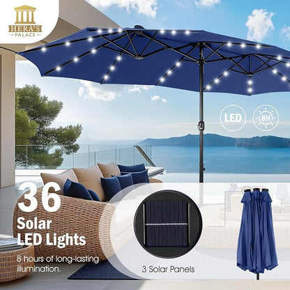 15ft Patio Umbrella with Solar lights & Base, Large Umbrellas, Haze Blue | HERA'S PALACE Rectangle Double Market Umbrella with 36 LED Lights, Big Outdoor Umbrellas for Pool Picnic Inground Yard Deck