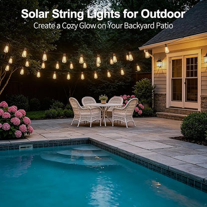 25FT Solar String Lights, Remote & USB Port, Outdoor Waterproof | 1.5FT Spacing, 16+1 Shatterproof Edison Bulbs, IP65, 2700K Warm White, Timer & Dimmable, String Lights for Outside, Yard
