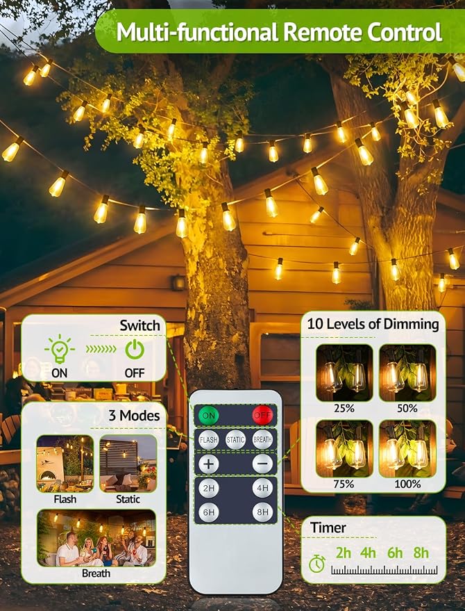 Larkvue 96FT(2x48FT) Solar Outdoor String Lights with Remote & Timer, Dimmable Patio Lights with 30+2 Shatterproof ST38 LED Bulbs for Outside-Black