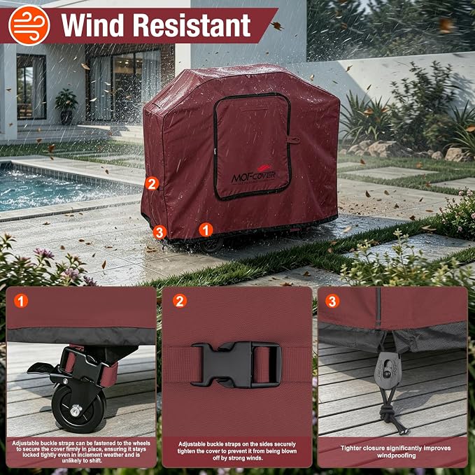 Exclusive Foldable 55 inch Grill Cover, 600D Heavy Duty Outdoor BBQ Cover for 3-4 Burners Grill, Waterproof Fade Resistant Barbecue Cover, Red