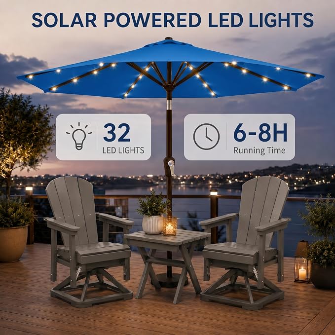 10FT Solar Patio Umbrella with Lights, Outdoor Table Market Umbrella with 32 LED Lights, 8 Sturdy Ribs, Push Button Tilt and Crank for Pool, Deck and Garden, UV-Resistant