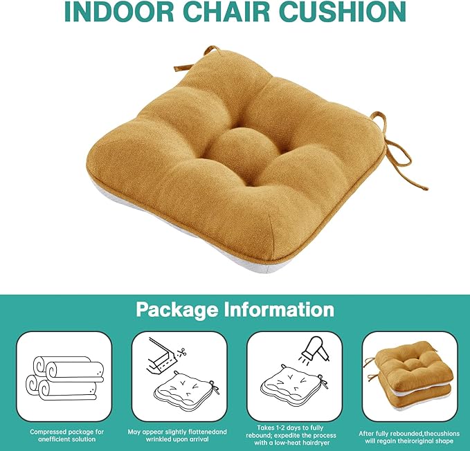 BETU Chair Cushions for Dining Chairs Set of 2,3.5" Thick Kitchen Table Chair Pads with Ties,Non Slip Backing and Covers, Seat Cushion for Dining Room,Bar,Patio Chairs,15.5"X15.5"X3.5",Yellow
