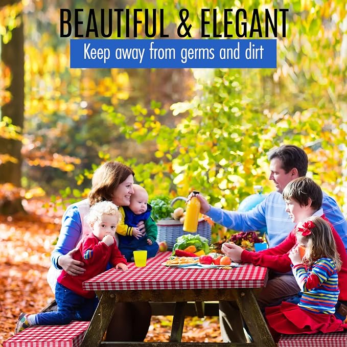 LINPRO Premium Picnic Table Cover with Bench Covers Vinyl Fitted Picnic Table Covers with Elastic RV Camping Accessories and Camper Must Haves Waterproof (Red Gingham, 72 x 30 (6ft) with skewers