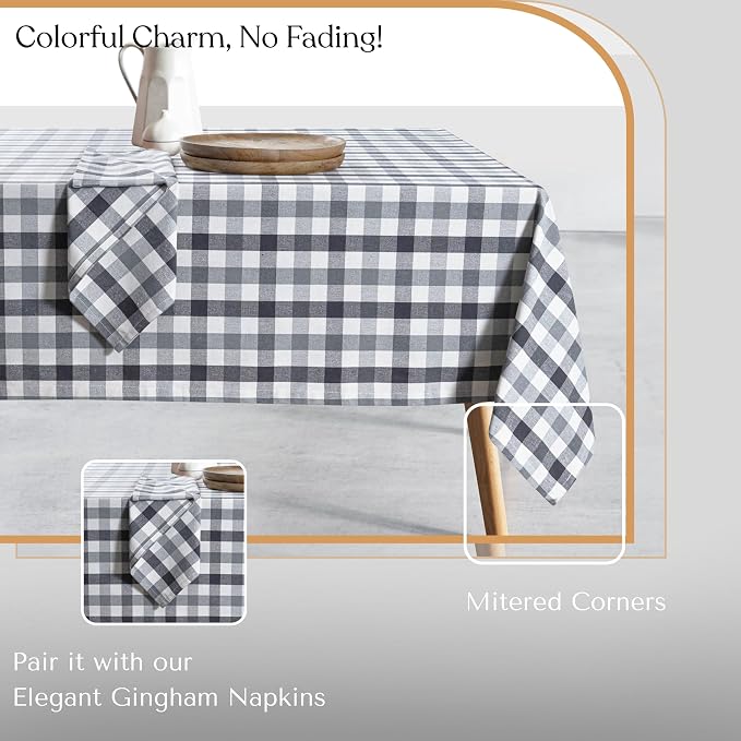 Gingham Check Tablecloth, 100% Cotton, 52x70 Inch, Durable & Washable Table Cover for Dining, Picnic, Farmhouse Kitchen, Indoor Outdoor Use - Dark Grey, Light Grey, Natural