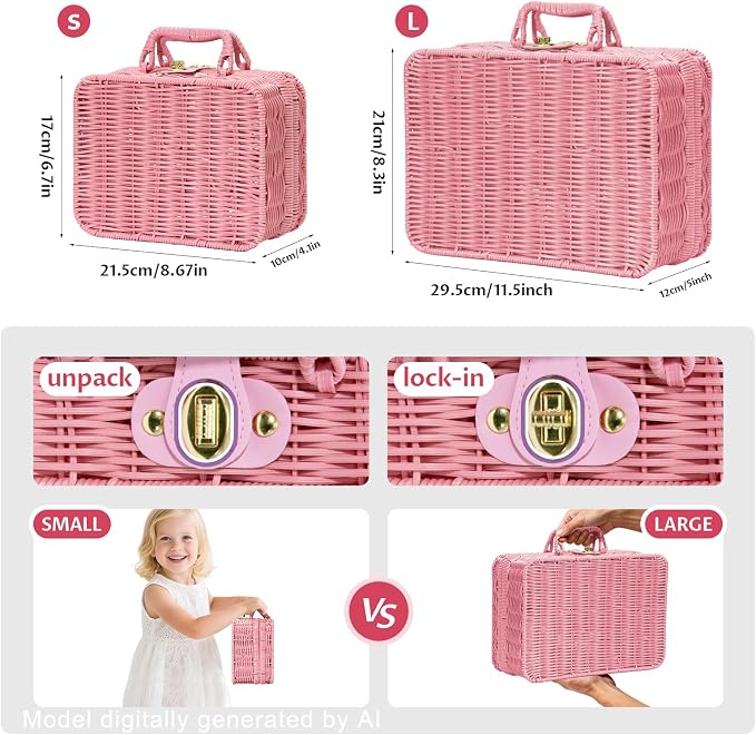 Mini Wicker Picnic Basket, Decorative Prop Suitcase Vintage Storage Hamper Makeup Organizer, 8.7" Metal Lock Rattan Storage Box with Handles for Sundries Travel Camping and Outdoor Party (Pink, Small)