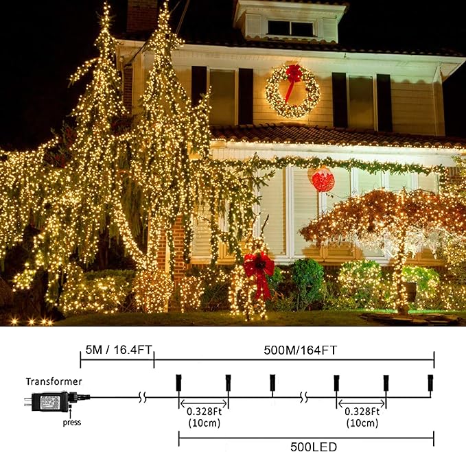 weillsnow 164 FT 500 LED Fairy Lights Outdoor, Warm White String Lights with Timer & 8 Modes, Waterproof Plug in Christmas Lights for Bedroom Wedding Party Decor