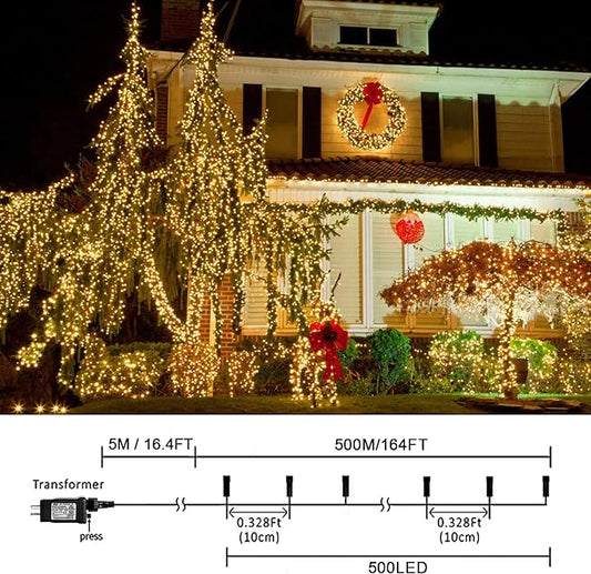 weillsnow 164 FT 500 LED Fairy Lights Outdoor, Warm White String Lights with Timer & 8 Modes, Waterproof Plug in Christmas Lights for Bedroom Wedding Party Decor