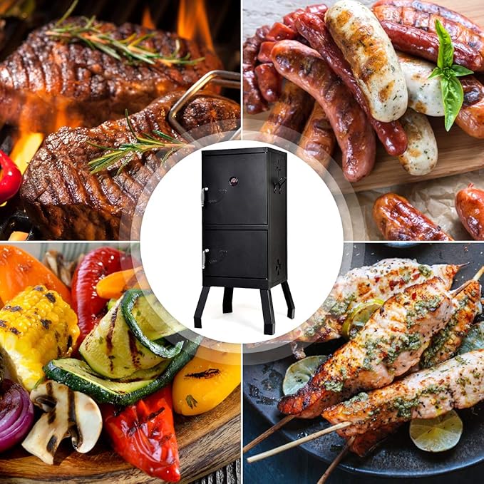 DORTALA Vertical Charcoal Smoker, Outdoors Charcoal Barbeque, Smoked Carbon Oven, Iron Structure, w/Two Chrome-plated Nets, Two Charcoal Pots, Suitable for Lawn Picnic, Backyard BBQ (Black)