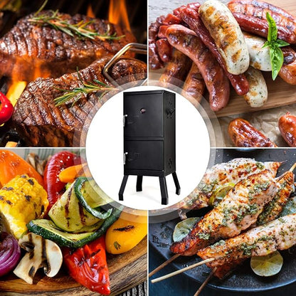 DORTALA Vertical Charcoal Smoker, Outdoors Charcoal Barbeque, Smoked Carbon Oven, Iron Structure, w/Two Chrome-plated Nets, Two Charcoal Pots, Suitable for Lawn Picnic, Backyard BBQ (Black)