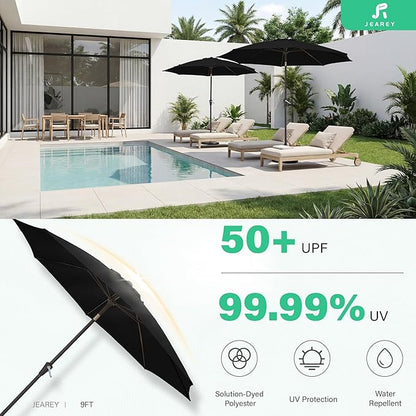 JEAREY 9FT Outdoor Patio Umbrella,Market Table Umbrella with 8 Fiberglass Ribs, Pool Umbrella with Tilt and Crank, UV Protection Lightweight & Wind-Resistant for Lawn, Garden, Deck and Backyard, Black