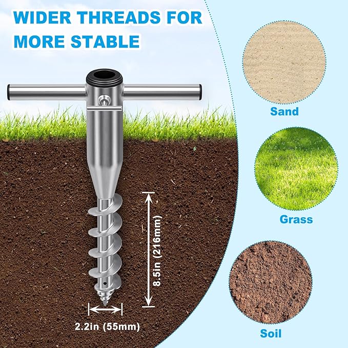 Dolibest Heavy Duty Beach Umbrella Sand Anchor, Screw-in Ground Anchor with 3 Sleeves (Fits 1-2" Poles), Windproof Beach Umbrella Stake, 2.2'' Fully Welded Spiral Design for Ultimate Stability