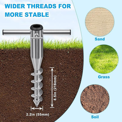 Dolibest Heavy Duty Beach Umbrella Sand Anchor, Screw-in Ground Anchor with 3 Sleeves (Fits 1-2" Poles), Windproof Beach Umbrella Stake, 2.2'' Fully Welded Spiral Design for Ultimate Stability