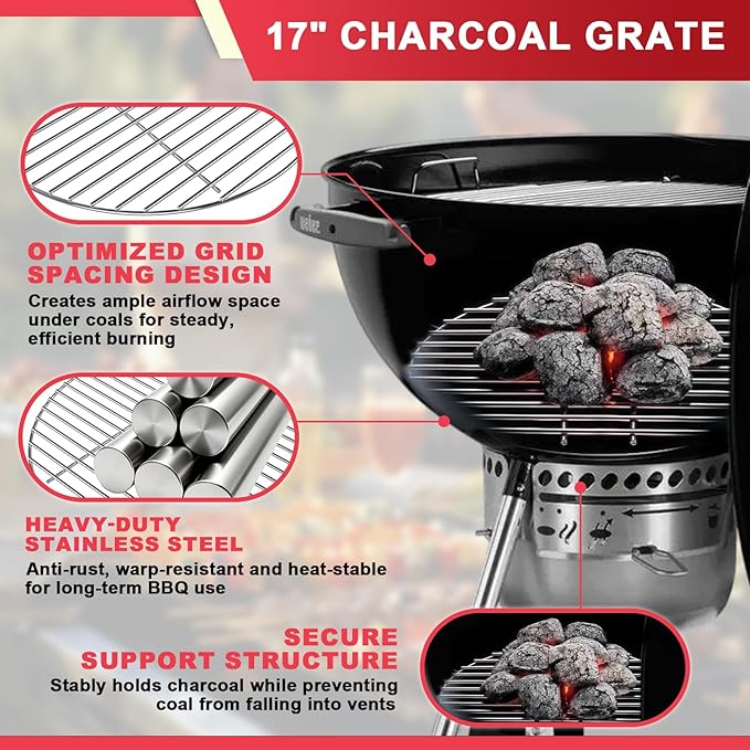 7436 Cooking Grate Hinged & 7441 Charcoal Grate for Weber 22" 22.5" Kettle Charcoal Grill,Replacement Grates for Weber One-Touch/Master-Touch/Performer Series, with 7444 One-Touch Cleaning System Kit