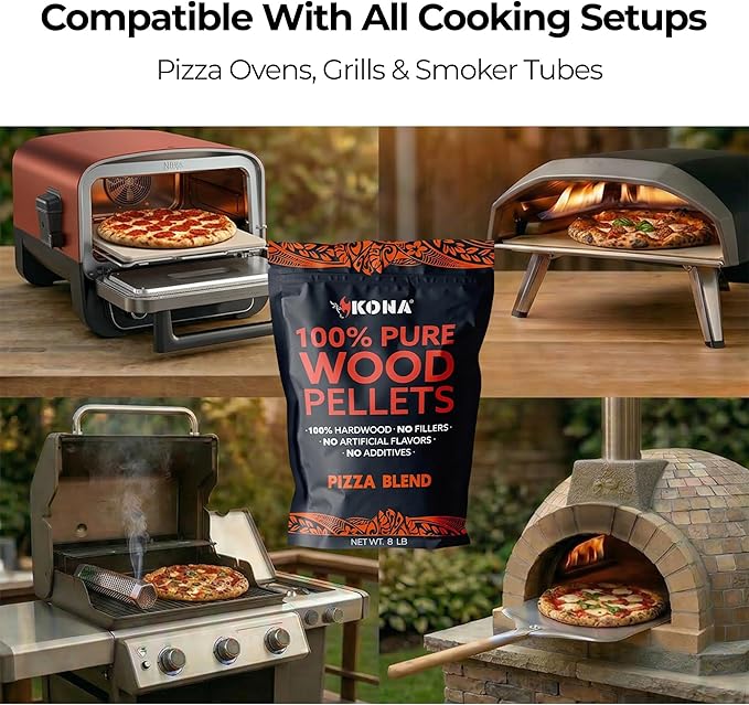 Kona Pizza Blend Wood Smoker Pellets, Intended for Ninja Woodfire Pizza Ovens, 100% Natural Hardwood - Rich Smoky Flavor - Ideal for Pizza Ovens, Smokers, and Smoker Tubes - 8 Pounds