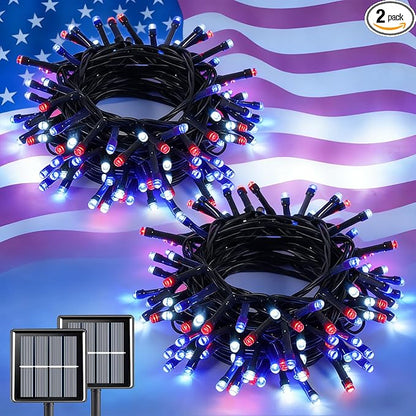 QITONG Red White and Blue Solar String Lights, 2 Pack Each 33ft 100 LED 4th of July Lights Outdoor Waterproof, 8 Modes Green Wire Solar Patriotic Lights for Independence Memorial Day