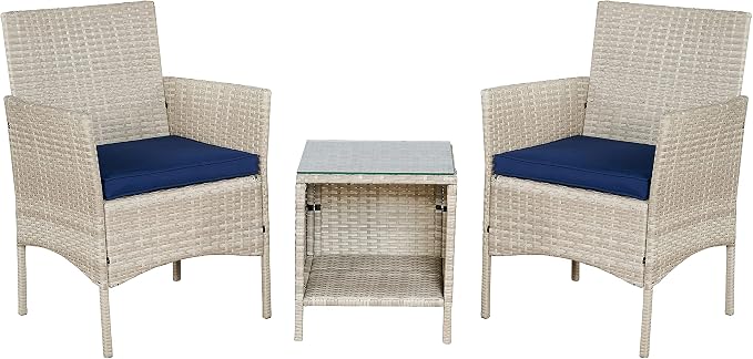 Outdoor Wicker Conversation 3 Piece Bistro Set Garden Patio Yard Porch Furniture Space Saving Pe Rattan 2 Chairs Cushions Side Storage Glass Table Stone Gray/Navy Blue 3pc