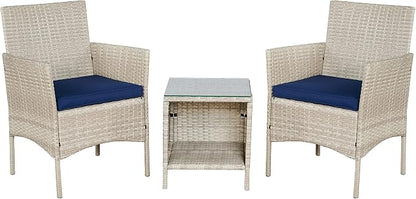 Outdoor Wicker Conversation 3 Piece Bistro Set Garden Patio Yard Porch Furniture Space Saving Pe Rattan 2 Chairs Cushions Side Storage Glass Table Stone Gray/Navy Blue 3pc
