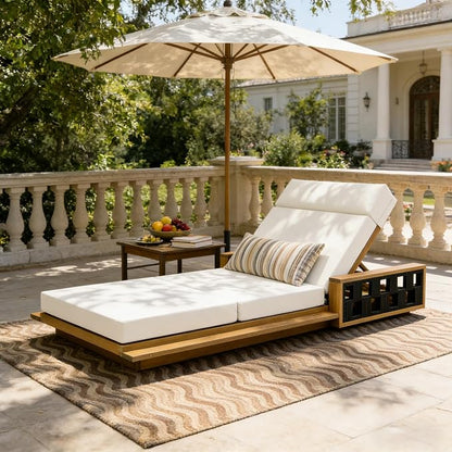 Merax Acacia Wood Patio Chaise Lounge with 4-Position Adjustable Backrest, Outdoor Sunbathing Recliner Chair & 4" Thick Four-fold Cushion for Poolside, Garden, Backyard, Patio, Cream