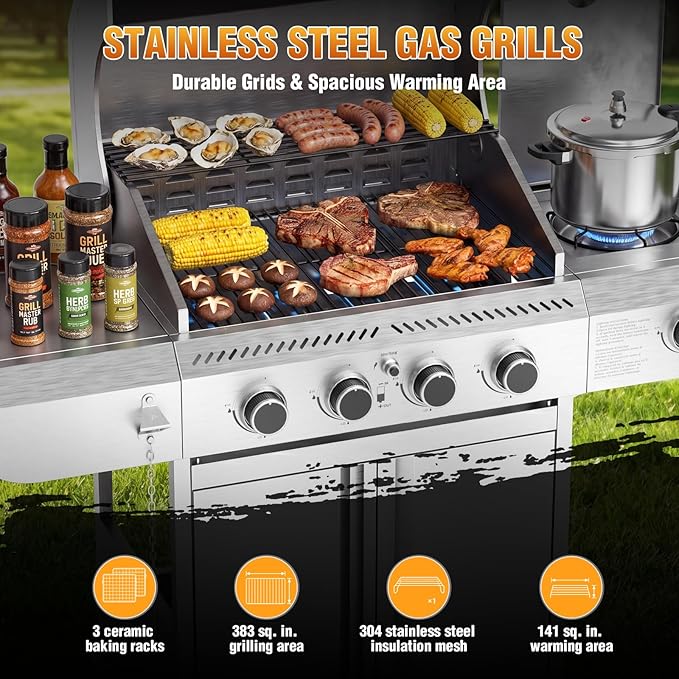 Electactic Stainless Steel 4-Burner Gas Grill with Side Burner – 42000BTU Propane BBQ Grill with Thermometer, Heavy-Duty Grill for Outdoor Patio and Backyard Cooking