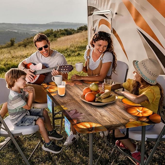 Picnic Table Cover with Bench Covers Elastic Edges, Outdoor Patio Camping Essentials 96 Inch 3PCS, Camper Fitted Table Cover, Waterproof Rectangle Tablecloth with Drawstring Bag,Pumpkin