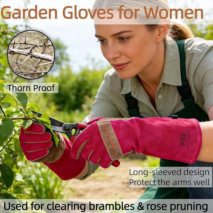 Long Gardening Gloves for Women, Leather Rose Pruning Gloves, Heat Resistant Durable Work Gloves for Yard Work, Welding, BBQ, Cooking, Fireplace and Chainsaw (Pink Medium)