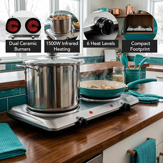 OVENTE Countertop Infrared Double Burner, 1500W Electric Hot Plate and Portable Stove with 7.5” Ceramic Glass Cooktop, 6 Level Temperature Setting and Easy to Clean Base, Silver BGI202S