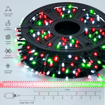 JMEXSUSS 500 LED Red White and Green Christmas Lights | 173ft Christmas Tree lights Outdoor Waterproof, 8 Modes Twinkle String Lights for House Xmas Tree Party Holiday Decor