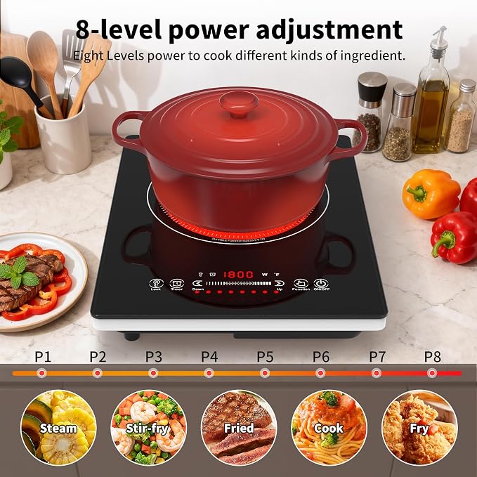 VBGK Single Burner Electric Cooktop,110V 1800W Electric Stove Top with LED Touch Control,8 Power Levels, 4HTimer, Safety Lock, portable cooktop Overheat protection