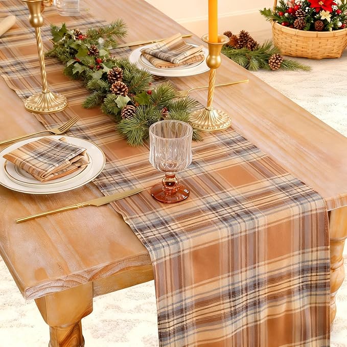 B-COOL Checkered Table Runners Plaid Fabric - 2PCS Rectangle 13x108 Inch Fall Themed Halloween Christmas Table Cloth for Indoor Outdoor Use Autumn Table Cover for Kitchen Home BBQs Parties
