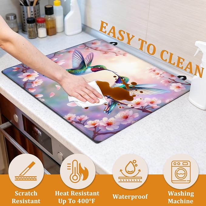 Spring Hummingbird Glass Top Stove Cover Protector,Pink Peach Flower Stove Top Covers for Electric Stove,Washable Heat Resistant Cooktop Mat Anti-Slip Range Covers, 28 x 20 Inch