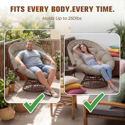 GTPLAYER Outdoor Wicker Egg Chair PE Rattan Chair with Cushion, Oversized Patio Lounge Chair with Canopy Papasan Chair 360° Swivel Base for Outdoor, Indoor, Balcony, Backyard, Garden, Brown