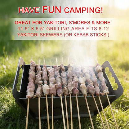 Portable Foldable Hibachi Grill, Heavy Duty & Durable, Small Charcoal Grill for Outdoor Camping Yakitori - w/Cast Iron Cooking Grate 11.5" x 5.5"