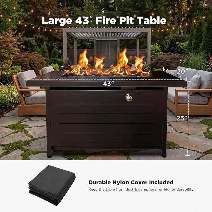 Ciays 43″ Gas Fire Pit with Glass Beads & Lid, Cup Holders, Hanging Shelf