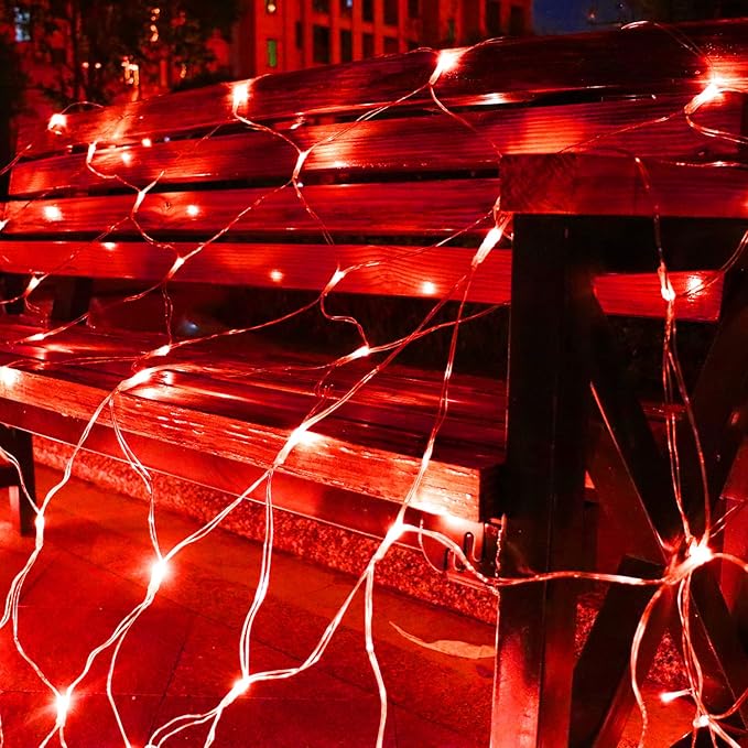 Solar Net Lights Outdoor Mesh Lights Red, 200 LED Net Lights Christmas, Waterproof 19 Modes Timer Tree Wrap Lights for Fence, Garden, Yard, Bushes, Trunk, Halloween Decor-9.8ft x 6.6ft