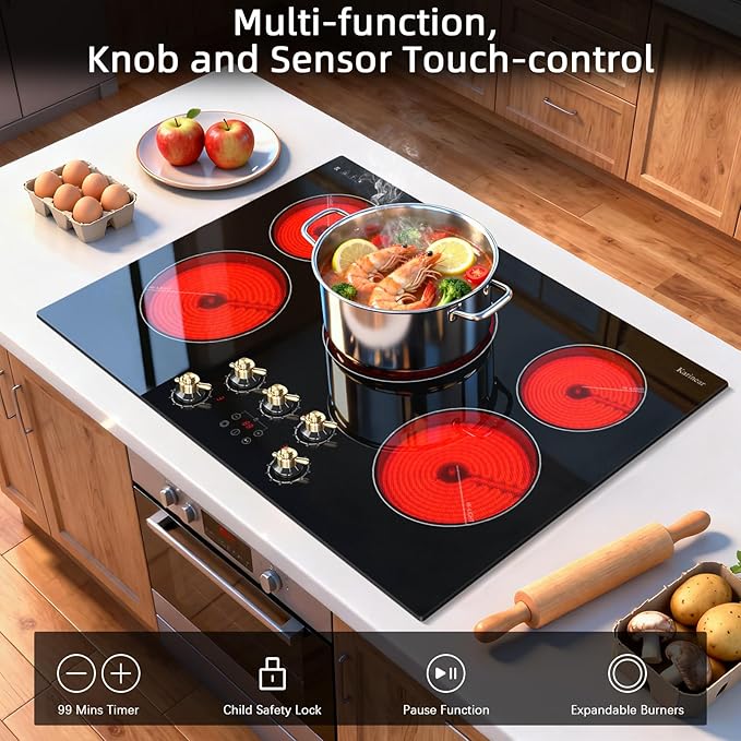 Karinear Electric Cooktop 30 Inch, 5 Burner Radiant Cooktop with Knob & Touch Control, 8500W 240V Built-in Stove Top, 9 Power Levels, Timer, Child Lock, Pause, Residual Heat Indicator(Gold Knob)
