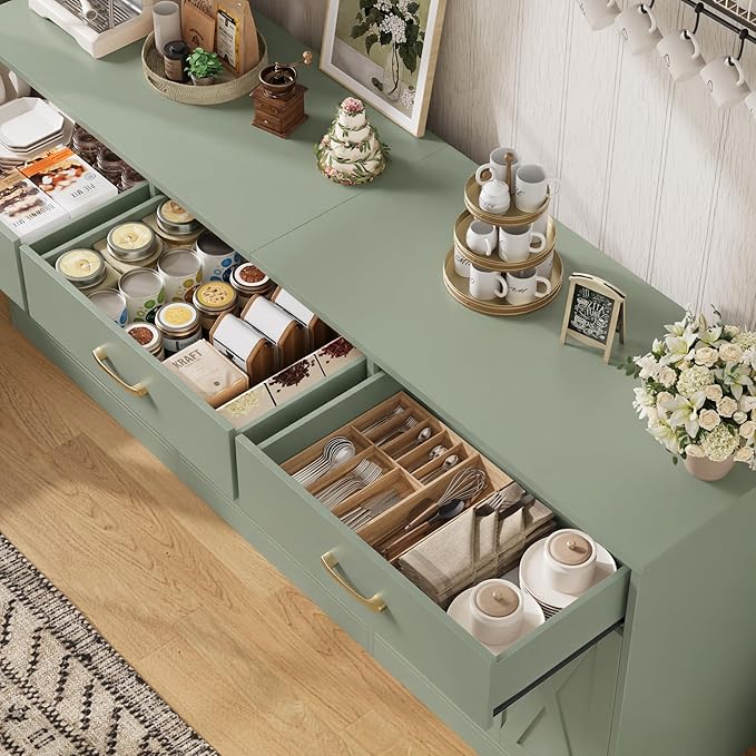 HOSTACK 71" Large Sideboard Buffet Cabinet with Storage, Farmhouse Coffee Bar Cabinet with 3 Drawers, Long Kitchen Buffet Table, Kitchen Sideboard Storage Cabinet for Dining Room, Living Room, Green