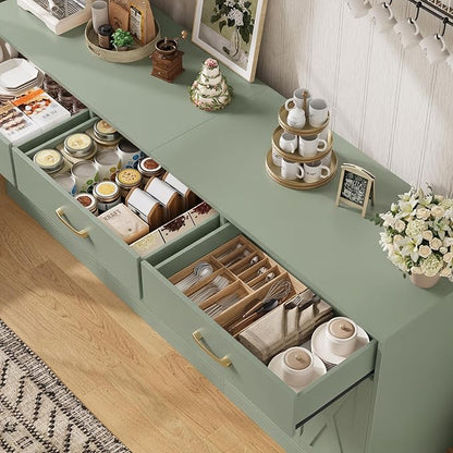 HOSTACK 71" Large Sideboard Buffet Cabinet with Storage, Farmhouse Coffee Bar Cabinet with 3 Drawers, Long Kitchen Buffet Table, Kitchen Sideboard Storage Cabinet for Dining Room, Living Room, Green