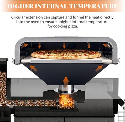 MAJARO Pellet Grill Pizza Oven Attachment with 13" Cordierite Pizza Stone, Stainless Steel Outdoor Pizza Oven Insert, Adjustable 16"-19" Depth, Fits Most Pellet Grills, Up to 800°F