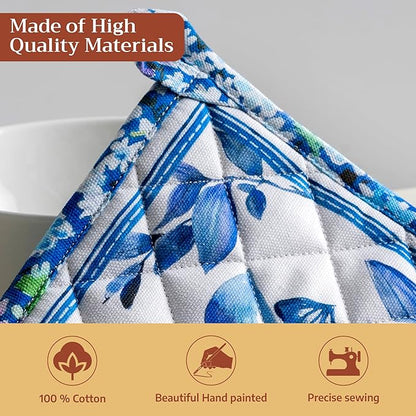Maison d' Hermine Pot Holders 100% Cotton Heat Resistant Potholders 8" x 8" Hot Pads with Loop BBQ Cooking Baking Hotel Farmhouse Kitchen Handling Hot Pans Spring Summer (Pack of 2, Summer Blues)