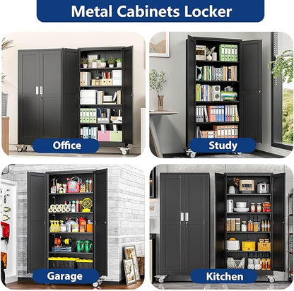 Ckzbx Metal Garage Storage Cabinet with Locking Doors and Adjustable Shelves,71" H Steel File Cabinet with Wheels for Garage,Office (Black)