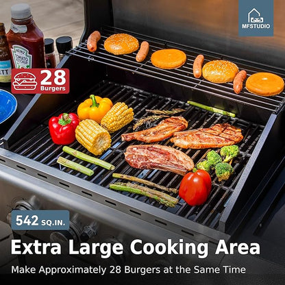 MFSTUDIO 4-Burner BBQ Propane Grill with Searing Side Burner, Porcelain-Enameled Cast Iron Grates,Thicker and taller lid, Stainless Steel Gas Grills for Outdoor and Patio Barbecue Cooking