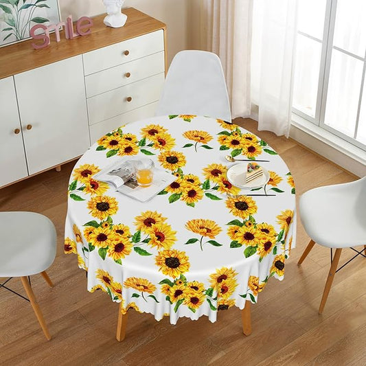 Sunflowers Table Cloth for Circle Tables 70 Inch Sun Flowers Table Cloth Perfect for Spring Home Decor Yellow Flower Waterproof Polyester Round Tablecloth for BBQ Camping Picnic Decor
