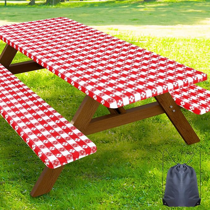 Smiry Picnic Table Cover with Bench Covers, Waterproof Elastic Fitted Tablecloth for 5 Foot Tables, Washable Polyester Tablecloths for Camping, Indoor & Outdoor (Red & White, 30x60 Inch 3-pc Set)