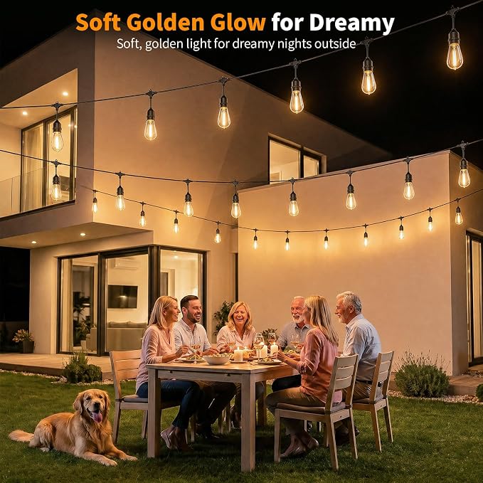 Hotsonic Remote Control Outdoor String Lights Waterproof, 100FT LED Outside Lights with Shatterproof Bulbs, Dimmable Hanging S14 Lights 3 Modes for Patio Porch Garden Pergola Yard House Party Decors